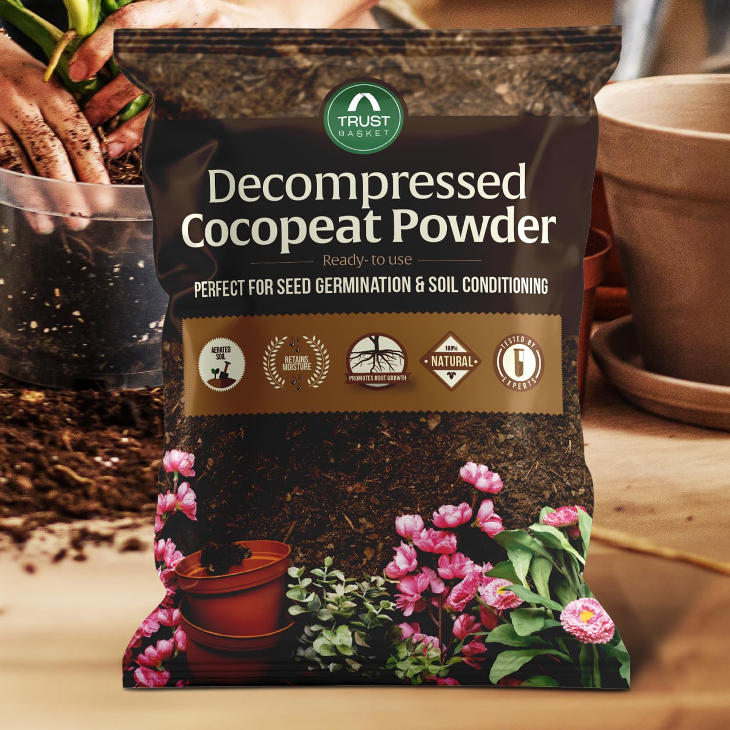 TrustBasket Decompressed Cocopeat Powder – Ready-to-Use Coconut Coir Soil Conditioner (1kg Pack) for Seed Germination, Potting, Indoor/Outdoor Gardens – 100% Natural, High Water Retention