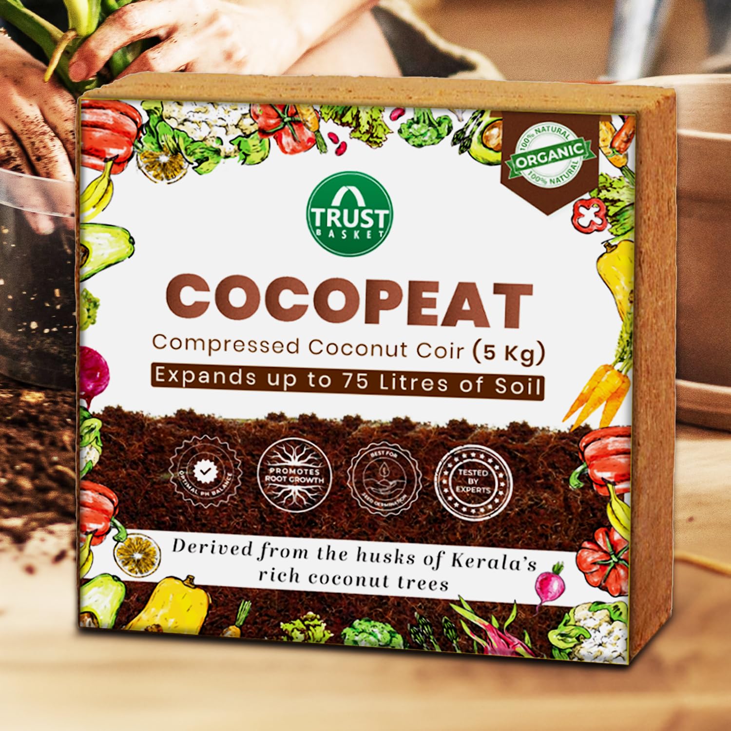 TrustBasket Premium Cocopeat 5kg (Expands Upto 75 litres) | Kerala Coconut Husk | Superior Water Retention | Organic Coco Coir for Plants | Expandable Cocopeat Block Outdoor Gardening
