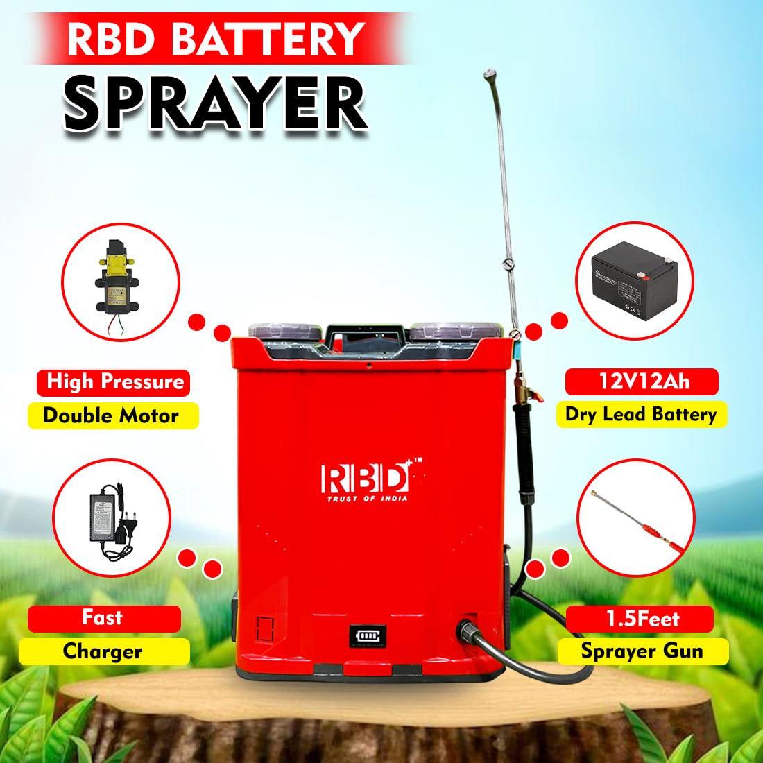 RBD 20 lit Double Motor Battery Sprayer | Heavy Duty Agricultural Spray Pump with Dry Lead Battery | 6 Months Warranty | High Pressure, 12V 12AH Battery Operated, for Farming & Gardening Use - Image 5