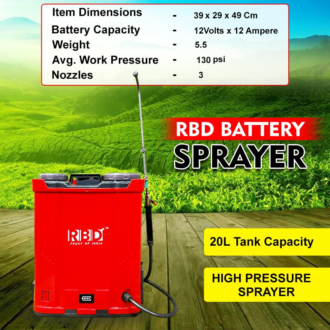 RBD 20 lit Double Motor Battery Sprayer | Heavy Duty Agricultural Spray Pump with Dry Lead Battery | 6 Months Warranty | High Pressure, 12V 12AH Battery Operated, for Farming & Gardening Use - Image 3