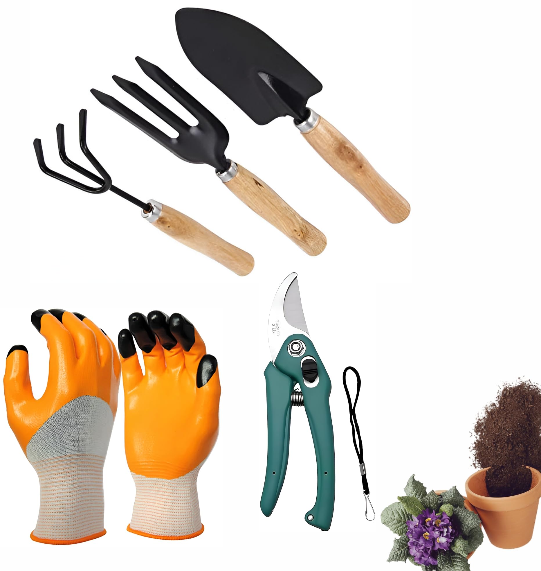 GROWTOP Garden Tool Set Combo with Flower Cutter Heavy Gardening Cut Tool with Garden Tool Set(Wooden Handle and Black Metal) (with Cutter)
