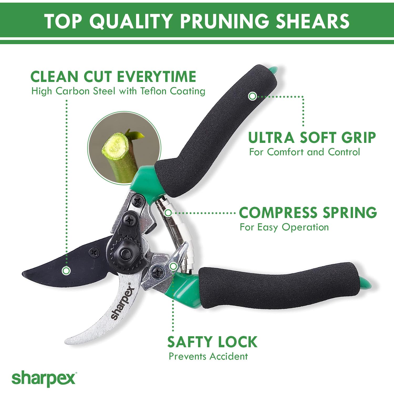Sharpex Heavy-Duty Bypass Professional Pruning Shears Secateurs for Garden l High Carbon Steel Cutting Blade with Teflon Coating Smart ABS Lock for Safety Aluminium Die Casting Handle (Green) - Image 2