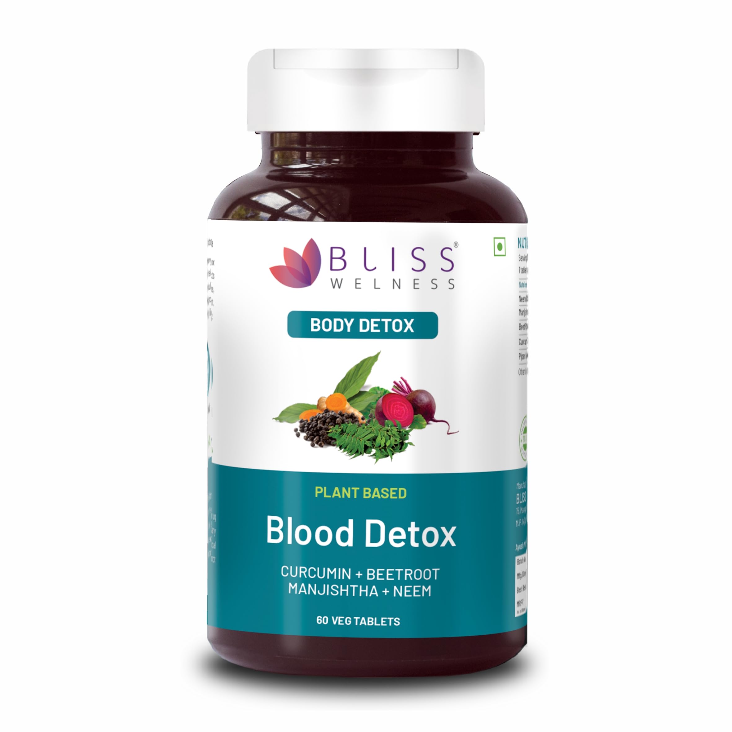 Bliss Welness Blood Detox | Curcumin Beetroot Manjistha Neem Extract | Blood Purifier Acne & Pimple Control Radiant Skin Anti Bacterial Ayurvedic Herbal Supplement - 60 Vegetarian Tablets