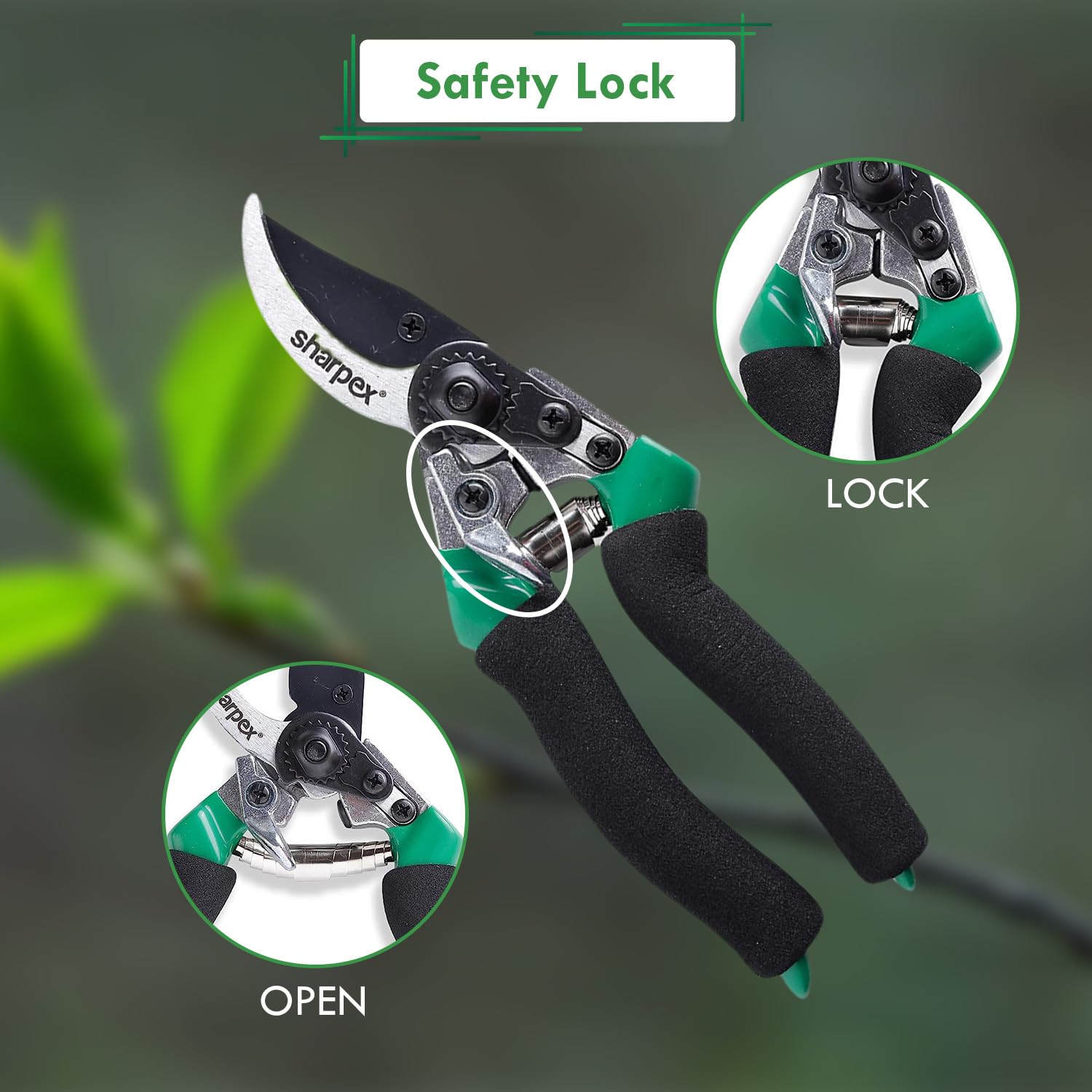 Sharpex Heavy-Duty Bypass Professional Pruning Shears Secateurs for Garden l High Carbon Steel Cutting Blade with Teflon Coating Smart ABS Lock for Safety Aluminium Die Casting Handle (Green) - Image 3
