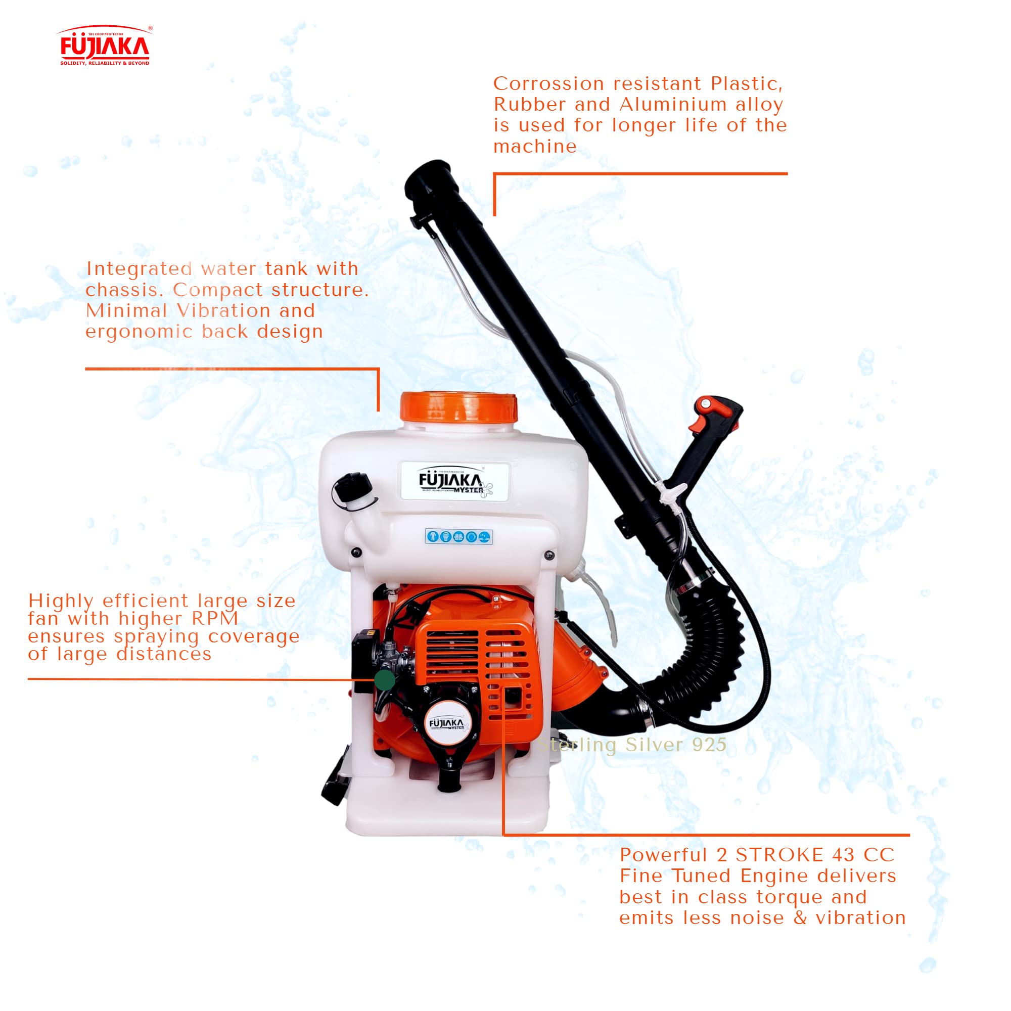 FUJIAKA MYSTER, Petrol Engine Operated-1.25kW 42.7 CC-2 Stroke, Backpack Knapsack Agricultural Power Blower Sprayer Pump, Cold Fogger, Mist Blower, 14 Litre, White & Orange (Pack of 1) - Image 2