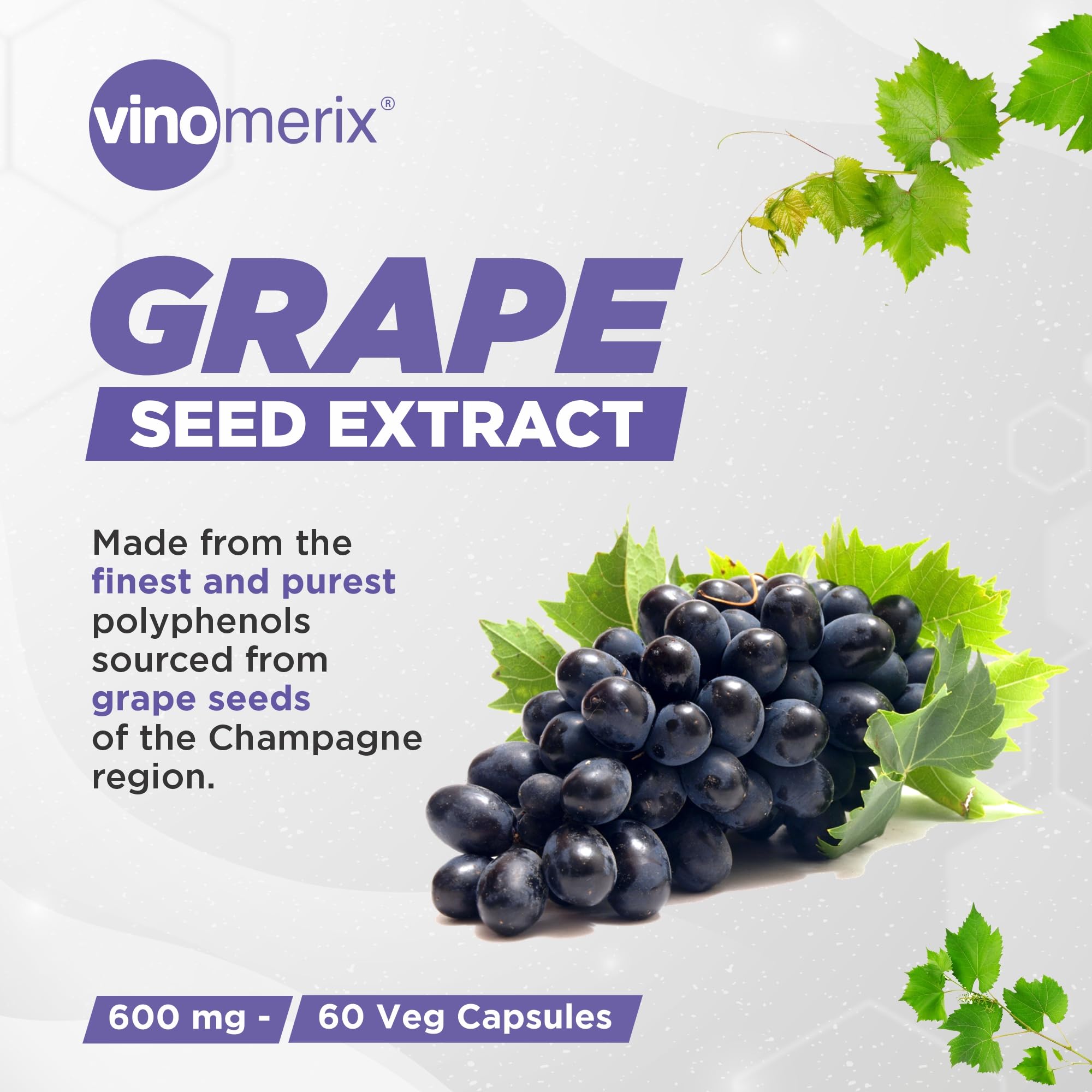 Vinomerix - Antioxidant, Grape seed extract | Helps in reducing blood pressure, oxidative stress and improve blood circulation | No Paraben | 600 mg - 60 Veg Capsules - Image 3