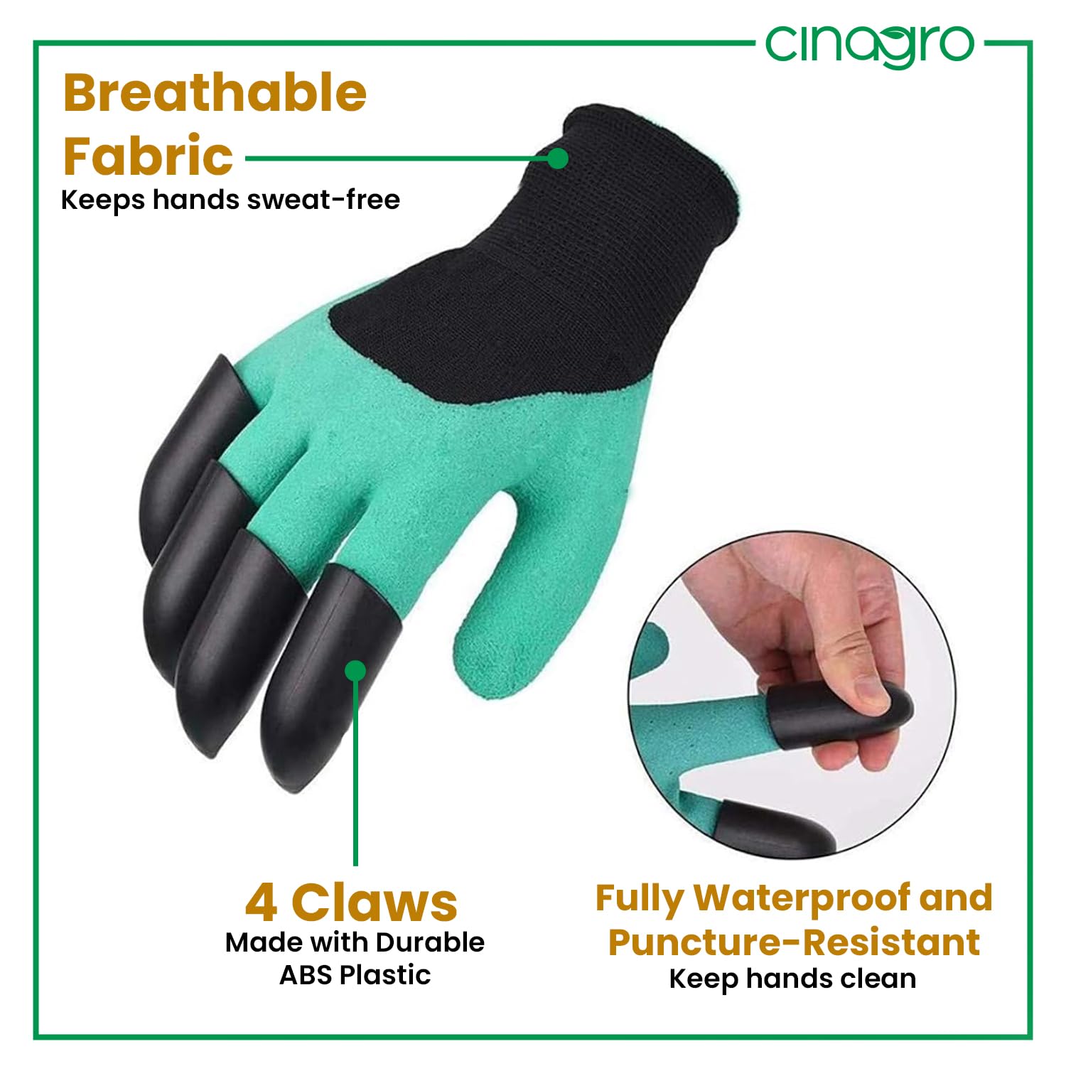 CINAGRO Heavy Duty Garden Claw Gloves with ABS Plastic Fingertips on Right Hand for Digging & Planting, Washable Protective Hand Gloves for Home Garden, Farming & Outdoor Use (Free Size, Green) - Image 7