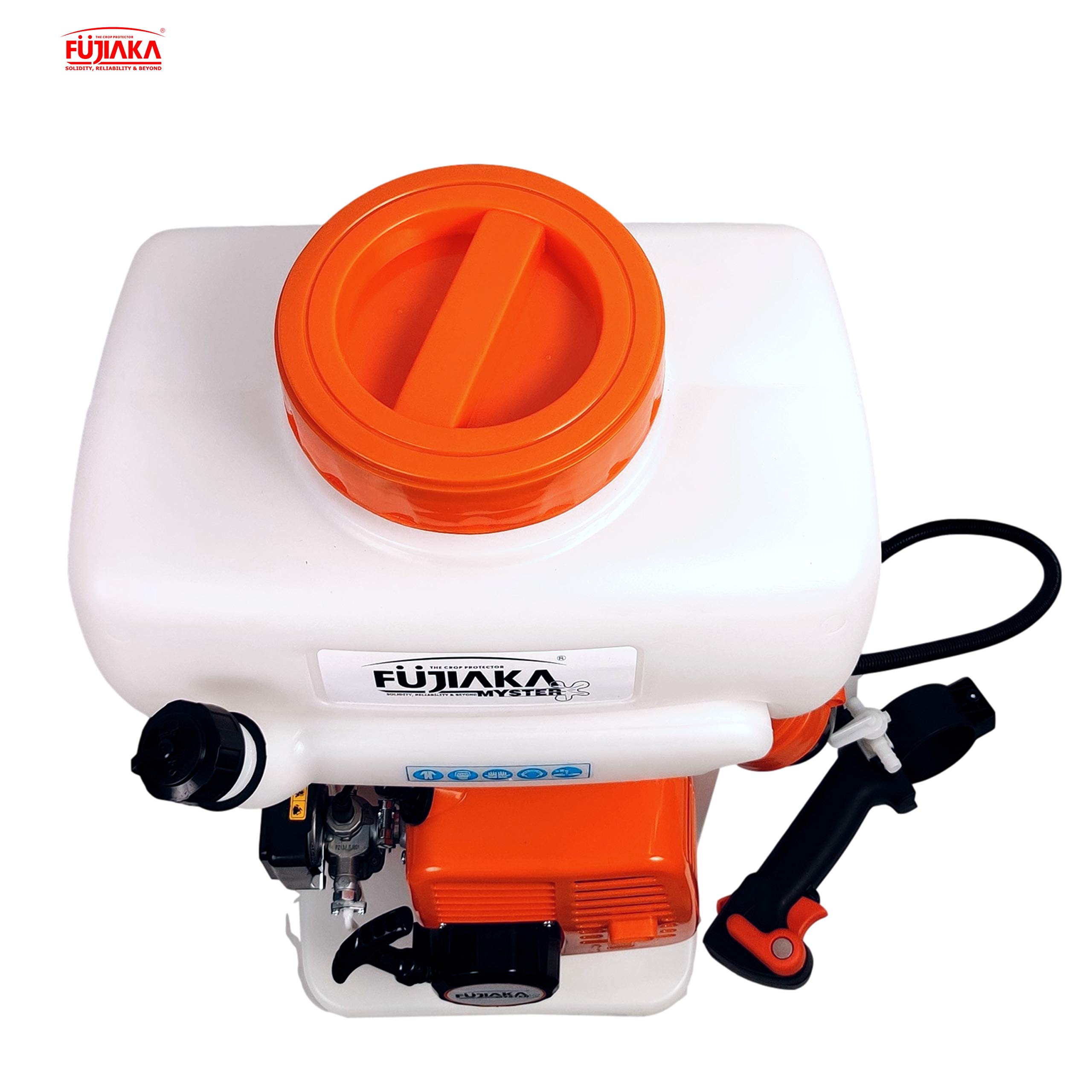 FUJIAKA MYSTER, Petrol Engine Operated-1.25kW 42.7 CC-2 Stroke, Backpack Knapsack Agricultural Power Blower Sprayer Pump, Cold Fogger, Mist Blower, 14 Litre, White & Orange (Pack of 1) - Image 3