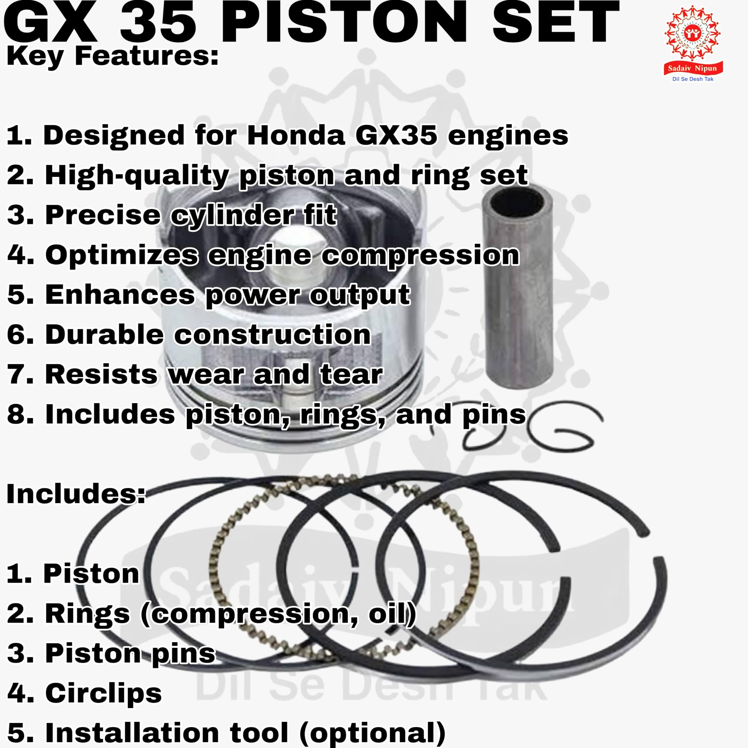 sadaiv nipun SNE A0043 GX35 Engine Piston Kit 39mm: Replacement Parts for 4-Stroke Brush Cutter Trimmers - Includes Piston Ring Set - Image 8
