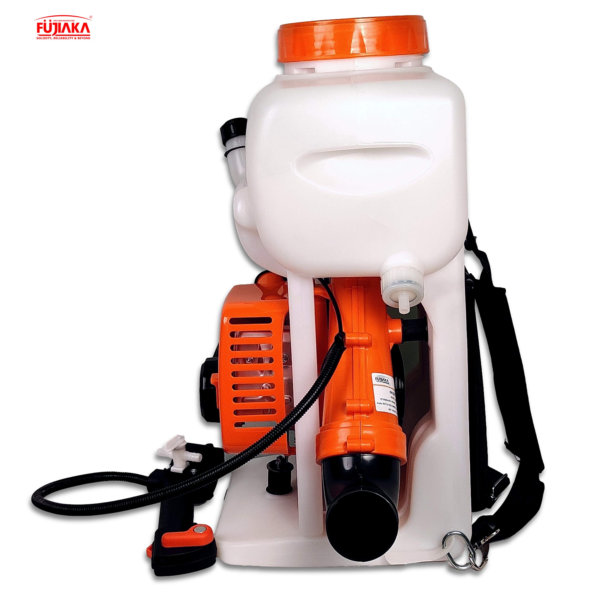 FUJIAKA MYSTER, Petrol Engine Operated-1.25kW 42.7 CC-2 Stroke, Backpack Knapsack Agricultural Power Blower Sprayer Pump, Cold Fogger, Mist Blower, 14 Litre, White & Orange (Pack of 1) - Image 5