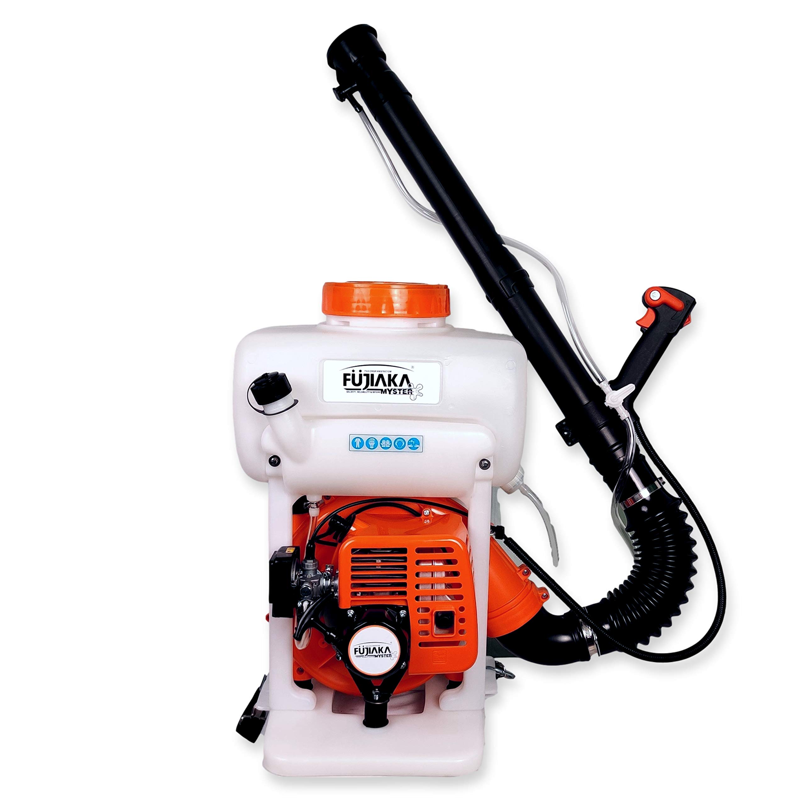 FUJIAKA MYSTER, Petrol Engine Operated-1.25kW 42.7 CC-2 Stroke, Backpack Knapsack Agricultural Power Blower Sprayer Pump, Cold Fogger, Mist Blower, 14 Litre, White & Orange (Pack of 1)