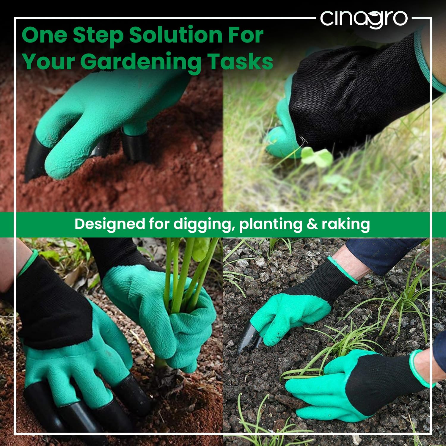 CINAGRO Heavy Duty Garden Claw Gloves with ABS Plastic Fingertips on Right Hand for Digging & Planting, Washable Protective Hand Gloves for Home Garden, Farming & Outdoor Use (Free Size, Green) - Image 2