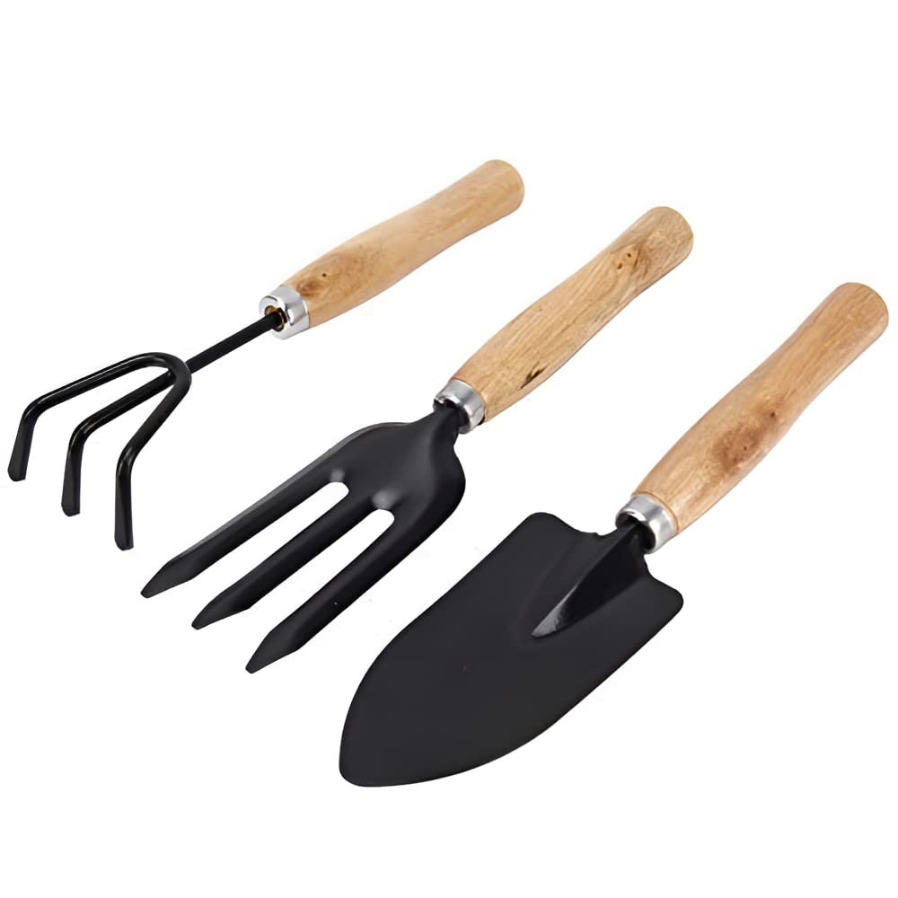 Oblivion Gardening Tool Set 3 Pcs – Hand Cultivator, Trowel & Garden Fork with Wooden Handle for Planting, Weeding, Pruning & Soil Maintenance, Farming Equipment & Essential Garden Kit