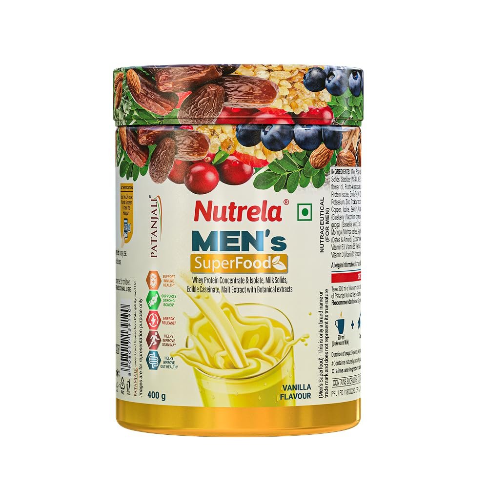 NUTRELA Men Superfoods With Whey Protein Powder - 400g, Vanilla Flavor | Everyday Fitness with Biofermented Multivitamins & Whey Protein to support in Bone & Joints Health, Muscle